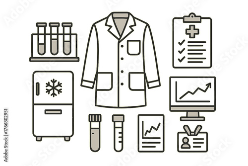 Scientific research equipment set including lab coat test tubes and data analysis tools