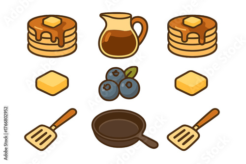 Pancakes with maple syrup and berries, breakfast ingredients and cooking tools set