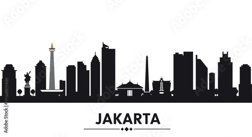 Jakarta city skyline silhouette with monuments and skyscrapers
