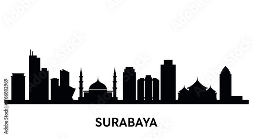 Surabaya city skyline silhouette with iconic landmarks