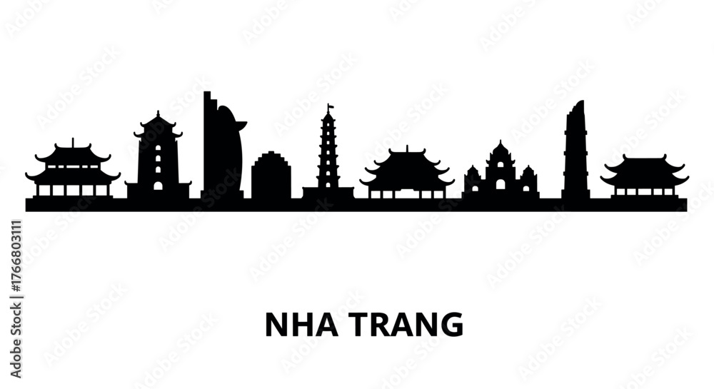 Fototapeta premium Nha trang city silhouette skyline with iconic landmarks in black and white