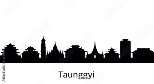 Taunggyi city skyline silhouette with iconic landmarks in black and white