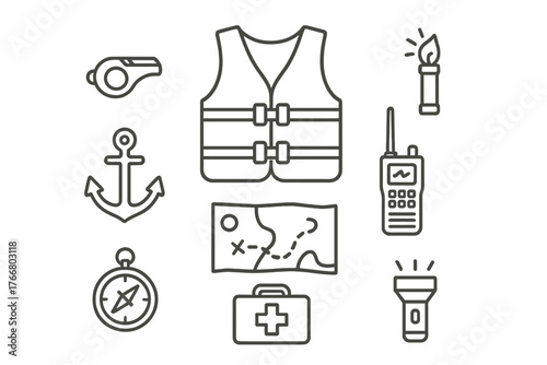 Safety and navigation equipment set including life jacket, anchor, compass, radio, and first aid kit