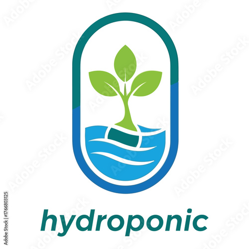 Hydroponic growing system logo featuring a sprout in water with modern oval frame and text