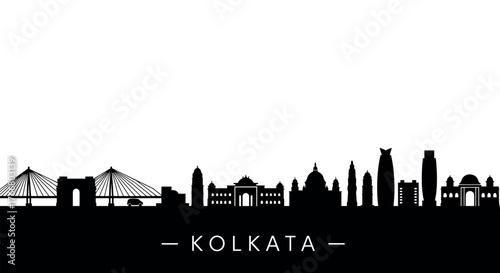 Kolkata city skyline silhouette featuring iconic landmarks on a clean white background