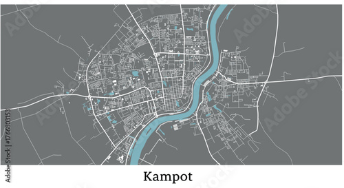 Monochrome city map of kampot with river and street layout