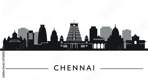 Chennai city skyline silhouette with iconic landmarks and architectural highlights