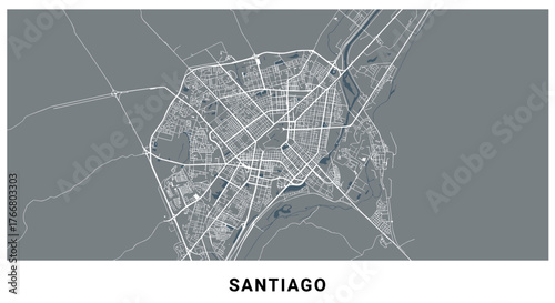 Santiago city map in monochrome with streets and landmarks