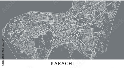 Detailed map of karachi city in monochrome design on gray background