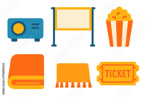 Home cinema and movie night essentials: projector, screen, popcorn, and ticket