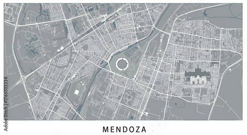 Mendoza city map in detailed monochrome layout with urban streets and landmarks