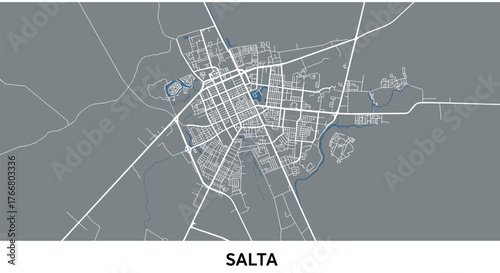 Minimalist city map of salta with roads and river details