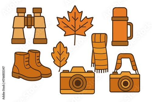 Collection of essential autumn hiking accessories including boots, binoculars, camera, and thermos