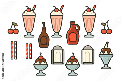 Retro diner dessert set featuring milkshakes, ice cream sundaes, cherries, and syrup bottles