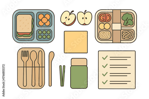 Collection of healthy lunch box components including food containers, sandwich, fruit, vegetables, and reusable cutlery