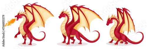 Set of cartoon fantasy dragons. Mythical creatures breathing fire, sleeping and flying. Red and yellow fairy reptile with wings, claws, and teeth. Vector illustration.