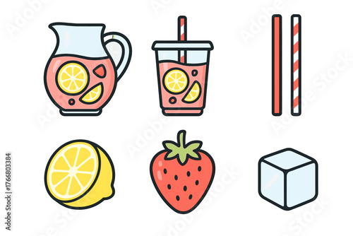 Set of refreshing summer drink ingredients including lemonade, fruit, ice, and accessories
