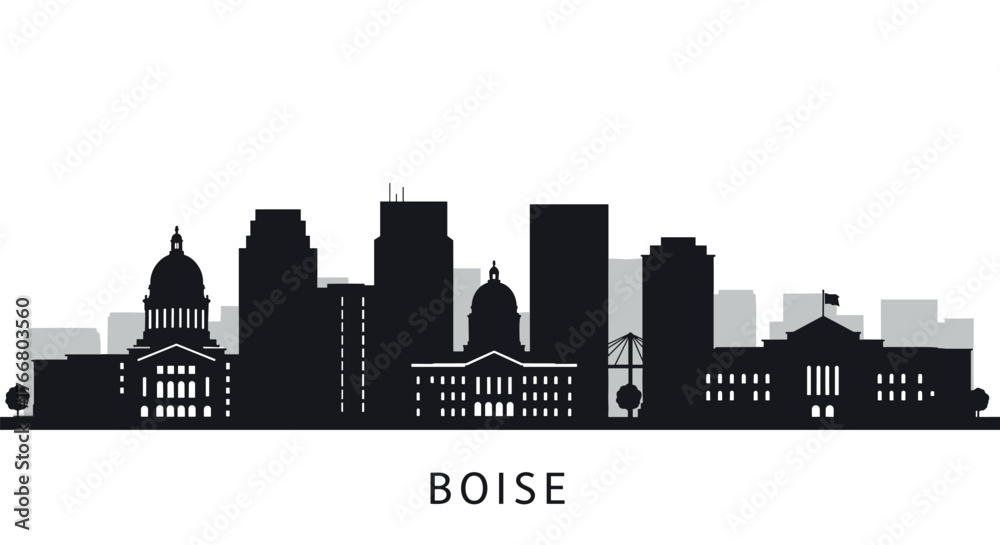 Obraz premium Boise city skyline silhouette with landmark buildings in flat design