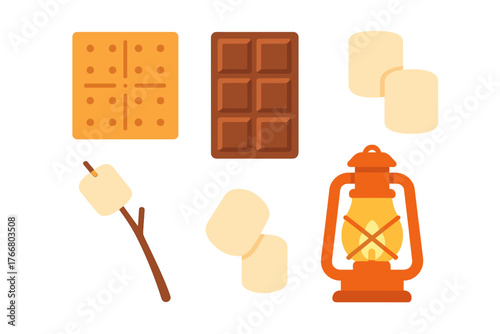 S'mores ingredients set with graham cracker chocolate marshmallows and camping lantern