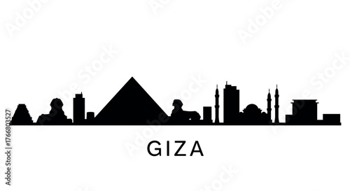 Giza cityscape silhouette featuring pyramids and sphinx in black and white