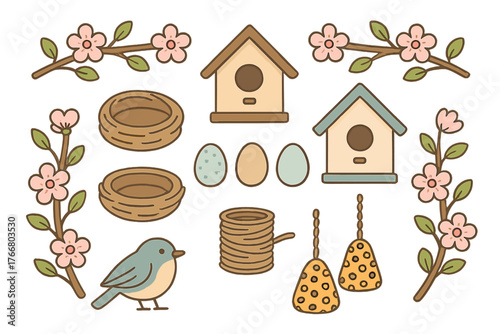 Spring bird nesting set with houses, eggs, feeders, and blooming branches