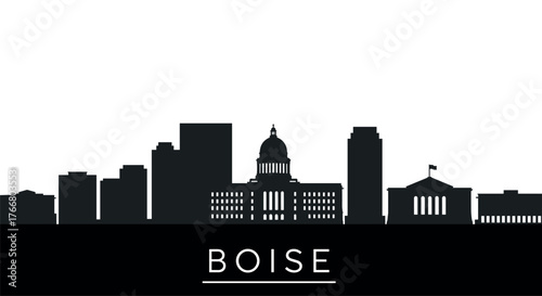 Boise cityscape silhouette with iconic landmarks in black and white