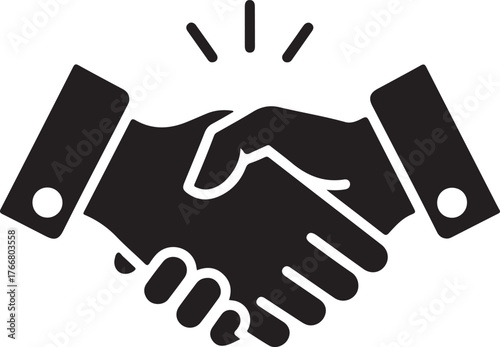 Bold handshake icon in solid black silhouette. Represents agreement, unity, or business partnership
