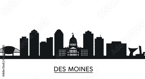 Des moines cityscape silhouette featuring iconic architecture