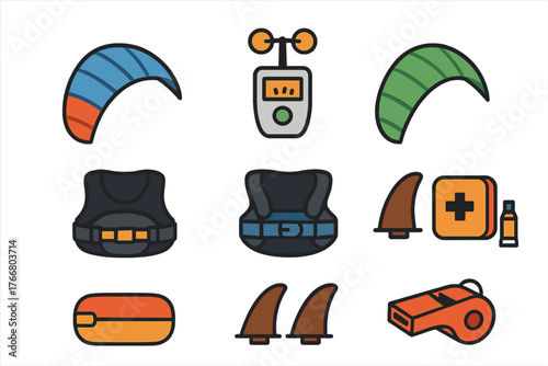 Kitesurfing and water safety equipment featuring life vests, wind meter, fins, and first aid kit