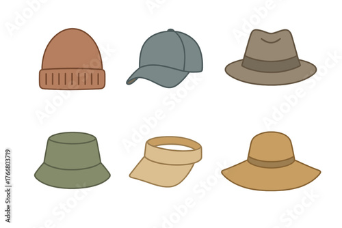 Set of various casual and formal head coverings including caps, hats, and visors in earthy tones