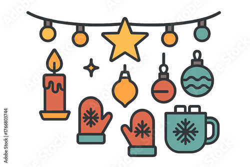 Festive winter holiday elements collection with string lights star ornaments candle mittens and mug