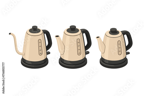 Isometric view of three modern electric kettles featuring different spout shapes for brewing coffee or tea