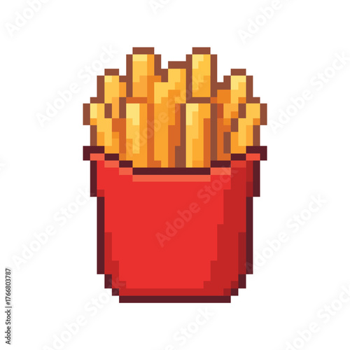 Pixel Art French Fries in Red Container Icon Vector Illustration