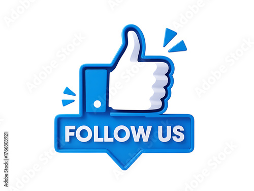 Bright blue thumbs up icon with the text follow us in white letters on a black background with small blue triangles
