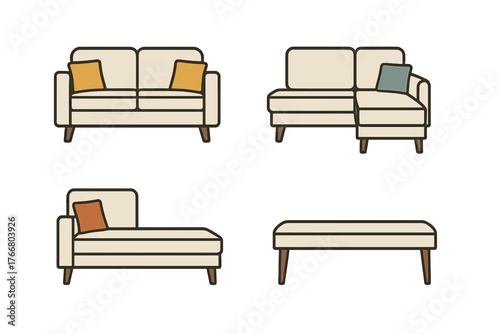 Modern upholstered seating furniture set for interior design layouts and architectural floor plans