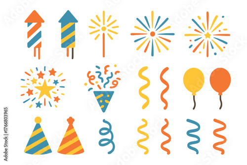 Colorful collection of party and celebration elements including fireworks, balloons, hats, and confetti
