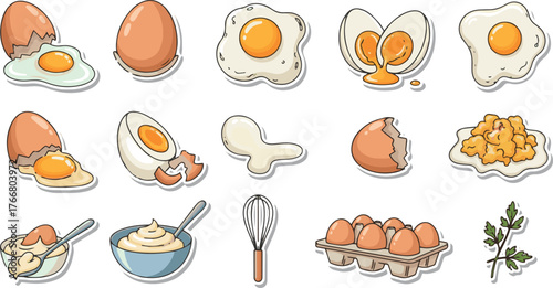 Isolated a kinds of deferent Food stickers set. Raw, cooked, soft boiled eggs collection. Yolk, egg white, homemade mayonnaise and other cooking elements. Modern cartoon concept. vector art .
