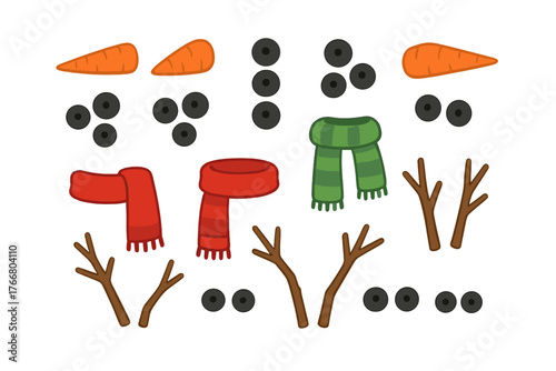 Essential elements for building a traditional snowman: scarves, carrot noses, coal buttons, and stick arms