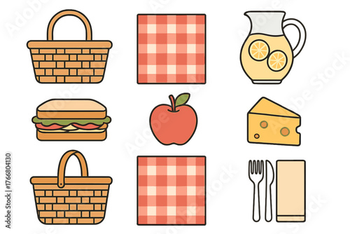 Essential picnic elements set including woven baskets, checkered blankets, food, and drinks icons