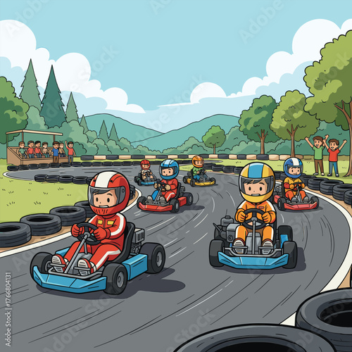 Children enjoying an exciting go-kart racing competition on a sunny day with cheering spectators and beautiful scenery.