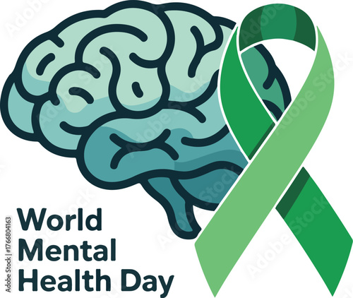 Teal brain with green ribbon and World Mental Health Day text  vector illustration EPS file download.
