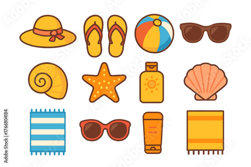 Essential summer vacation and beach accessories collection: sun hat, flip-flops, sunglasses, sunscreen, towels, and seashells
