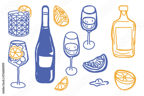 Vector illustration set of wine, beer, champagne, and cocktail bottles with glasses and drinks, perfect for celebration and restaurant design