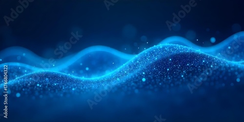 Abstract blue digital wave with glowing particles, smooth undulating surface, futuristic technology background, data visualization, and dynamic movement