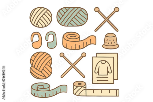 Assortment of essential knitting and sewing supplies including yarn balls and measuring tape