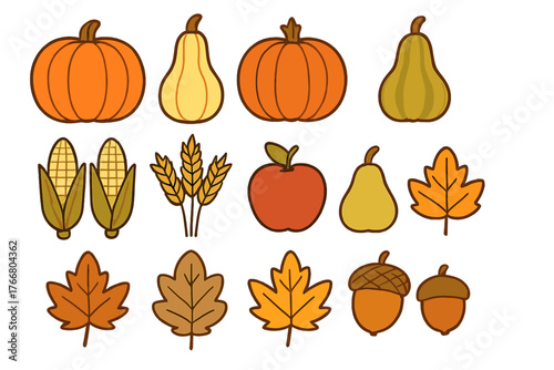 Traditional fall harvest produce and colorful autumn foliage assortment on white background