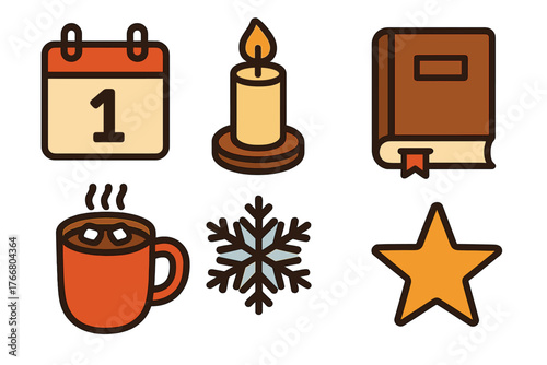 Cozy winter and holiday elements: calendar, burning candle, book, hot chocolate mug, snowflake, and star
