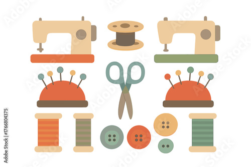 Essential collection of sewing and tailoring tools including machines, thread, buttons, and scissors