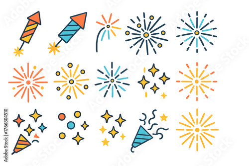 Festive fireworks rockets sparks and confetti icons for holiday celebrations