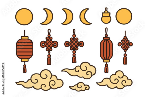 Traditional Asian festival elements set featuring lanterns, lucky knots, moon phases, and stylized clouds